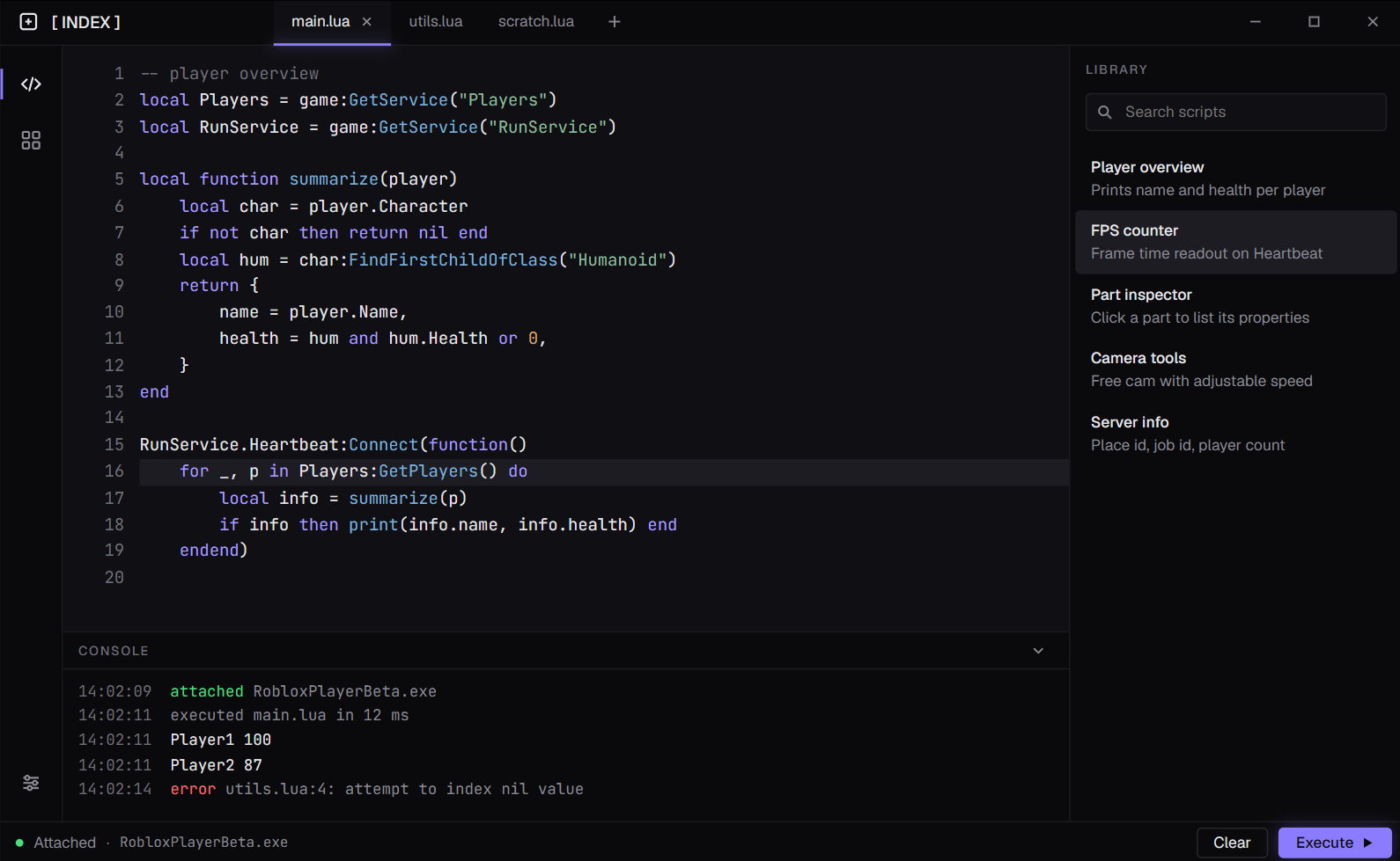 Index Executor showing the script editor, console and script library